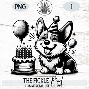 Birthday Party Corgi SVG PNG | Cute Cartoon Dog with Hat, Balloons & Cake | Vintage Stipple Art | Instant Download | Commercial Use