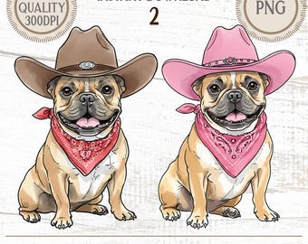Cowboy French Bulldog Clipart, Watercolor Frenchie PNG, Western Dog Illustration, Instant Download, Commercial Use, T-Shirt Design