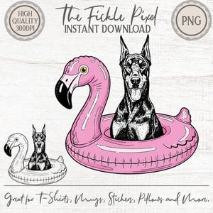 Doberman Pool Float PNG, Happy Dog Summer Clipart, Flamingo Float Sublimation, DTF DTG Shirt Design