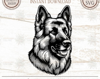 Puede incluir: Ilustración en blanco y negro de la cabeza de un perro pastor alemán. Descarga digital instantánea de alta calidad, ideal para camisetas, tazas y pegatinas. El texto "The Fickle Pixel" y "Instant Download" son visibles.