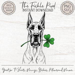 Könnte beinhalten: Schwarz-weiße Strichzeichnung einer Dogge, die ein grünes Kleeblatt im Maul hält. Das Bild enthält den Text "The Fickle Pixel INSTANT DOWNLOAD" und "Great for T-Shirts, Mugs, Stickers, Pillows and More."