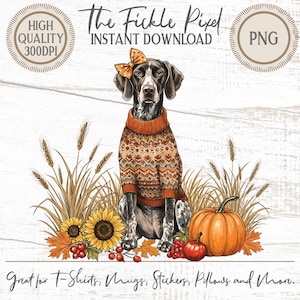 May include: Digital illustration of a dog wearing an orange sweater and bow, surrounded by fall elements like pumpkins, sunflowers, and wheat. Text reads "The Fickle Pixel" and "Instant Download". The image is suitable for t-shirts, mugs, stickers, and pillows.