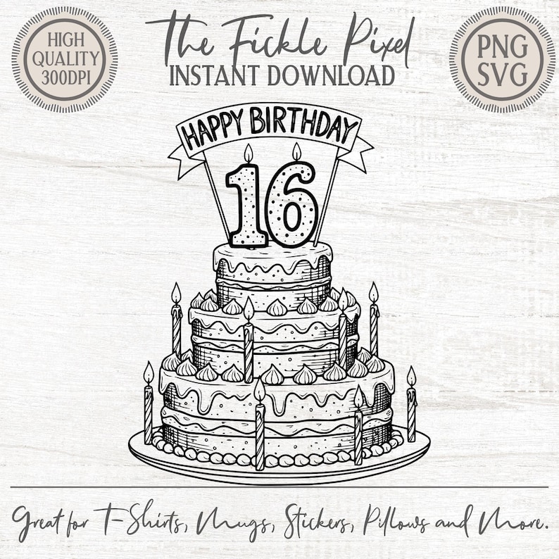 Sweet 16 Birthday Cake PNG Clipart | Black Line Art (digital Download ...