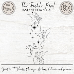 Magical Dragon Clipart PNG Stars Whimsical Fantasy Art Black White Coloring Page Tattoo Design