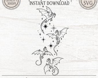Magical Dragon Clipart PNG Stars Whimsical Fantasy Art Black White Coloring Page Tattoo Design