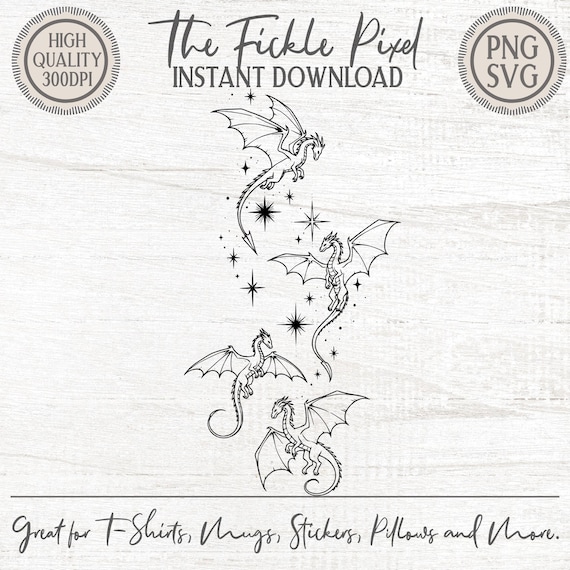 Magical Dragon Clipart PNG Stars Whimsical Fantasy Art Black White Coloring Page Tattoo Design