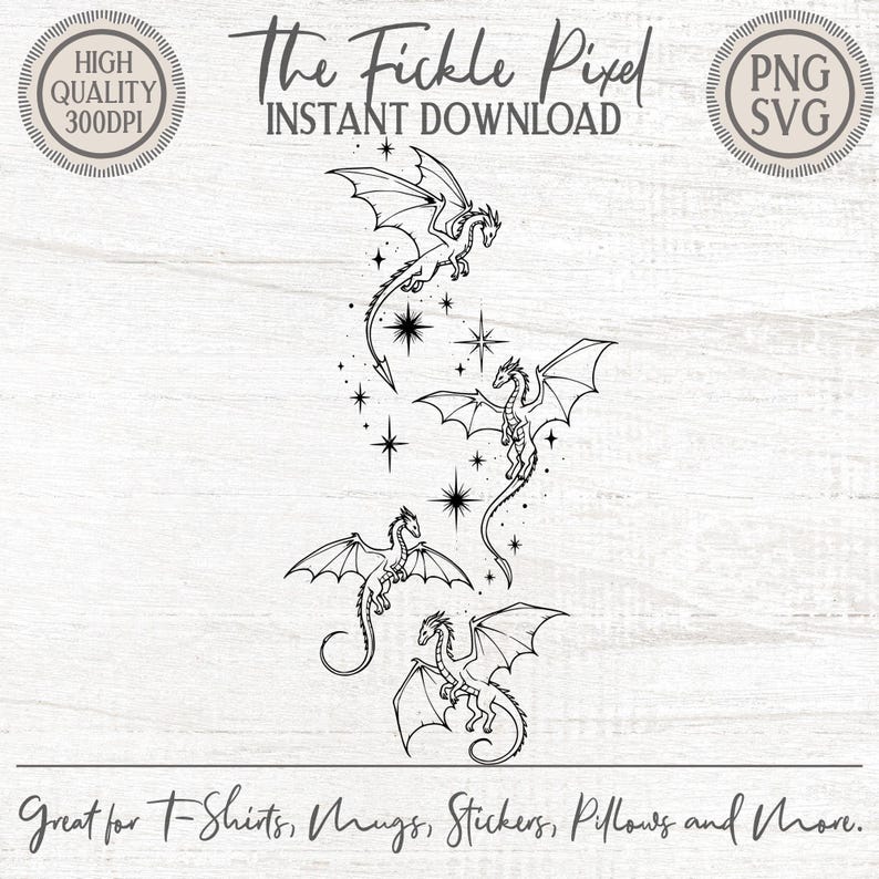 Magical Dragon Clipart PNG Stars Whimsical Fantasy Art Black White Coloring Page Tattoo Design
