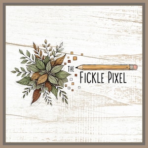 Op de afbeelding: Logo-ontwerp met een potlood en botanische elementen. De tekst "THE FICKLE PIXEL" wordt weergegeven in een vetgedrukte, schreefloze lettertype. Het ontwerp bevat een cluster van groene, bruine en gouden bladeren en een potlood met een roze gum.