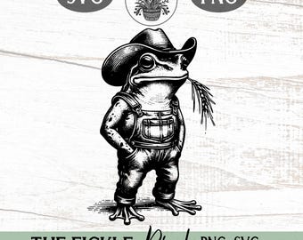 May include: Black and white illustration of a frog wearing a cowboy hat and overalls, holding a sprig of wheat. The image includes the text "THE FICKLE Pixel - PNG-SVG-files" and "COMMERCIAL USE ALLOWED".