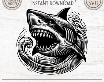 Fierce Shark Linocut Clipart | Black & White Marine Art (PNG SVG)