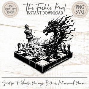 May include: Black and white digital art of a chess set with a king piece transforming into a horse. The text "The Fickle Pixel INSTANT DOWNLOAD" is at the top. The image is labeled "HIGH QUALITY 300DPI" and "PNG SVG". The bottom text reads "Great for T-Shirts, Mugs, Stickers, Pillowsand More."