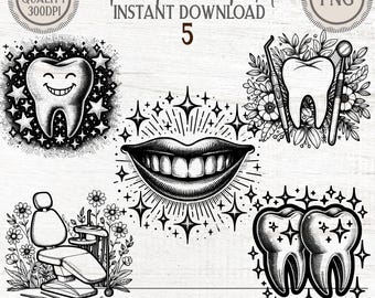May include: A digital collection of five black and white illustrations featuring a smiling tooth with stars, a set of lips with teeth surrounded by sparkles, a tooth with dental tools and flowers, a dental chair with flowers, and two teeth with stars.