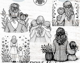 母と娘のグラフィックPNGバンドル、母の日のクリップアート、PNGイラスト、母の日のクラフト、母と息子のクリップアート、ママのクリップアート