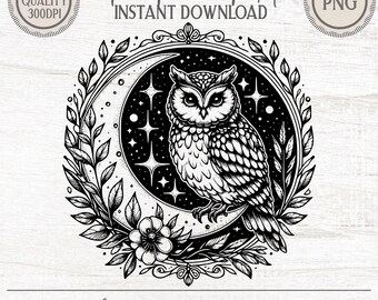May include: Black and white illustration of an owl perched on a crescent moon, surrounded by stars and floral elements. The image includes the text "The Fickle Pixel INSTANT DOWNLOAD" and "Great for T-Shirts, Mugs, Stickers, Pillowsand More."
