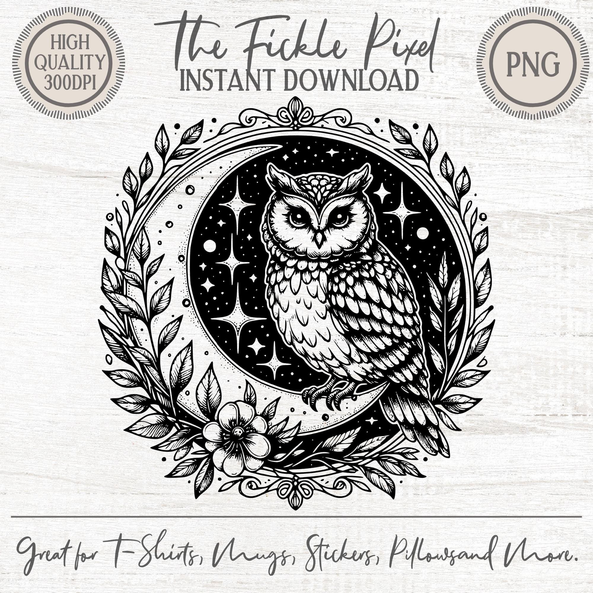 Mystical Moon Owl PNG Clipart | Vintage Woodcut Style Night Sky Art | Witchy Boho Celestial Digital
