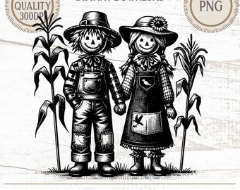 Pareja de espantapájaros PNG, clipart vintage de otoño, gráfico de Acción de Gracias, diseño de decoración otoñal, ilustración de cosecha, descarga por sublimación
