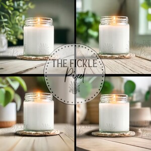 White Jar Candle No Lid 4 Mockup Bundle, Greenery Featured Mock Ups Add Your Design, Mockup for Clear Jar 9oz, Printed Mint Candle Mockup