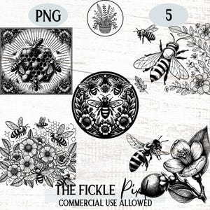 Bee Line Art PNG Clipart-bundel, zwart met honingraat, bijenkorf, bloemen illustraties, transparante achtergrond, Digital Paper Craft