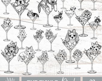 May include: Black and white line art illustration of various dog breeds in martini glasses with olives. Each dog is adorned with a bow. The image includes the text "THE FICKLE Pixel" and "COMMERCIAL USE ALLOWED".