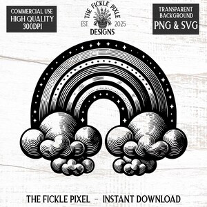 Pode incluir: Ilustração a preto e branco de um arco-íris com nuvens e estrelas. O design inclui o texto "THE FICKLE PIXEL - INSTANT DOWNLOAD" e "COMMERCIAL USE HIGH QUALITY 300DPI". A imagem está rotulada como "TRANSPARENT BACKGROUND PNG & SVG".