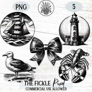 Beach Illustration Bundle PNG | Coastal Clipart for Crafters | Ocean, Lighthouse, Lobster, Summer Art | Sublimation | Commercial Use