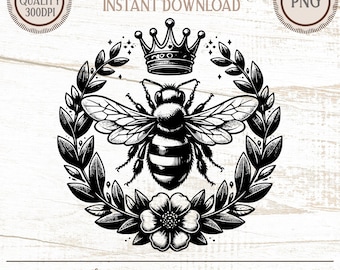 Queen Bee Crown PNG, Floral Wreath Bee Clipart, Royal Bee Sublimation, Cottage Core Bee Graphics, Instant Digital Download