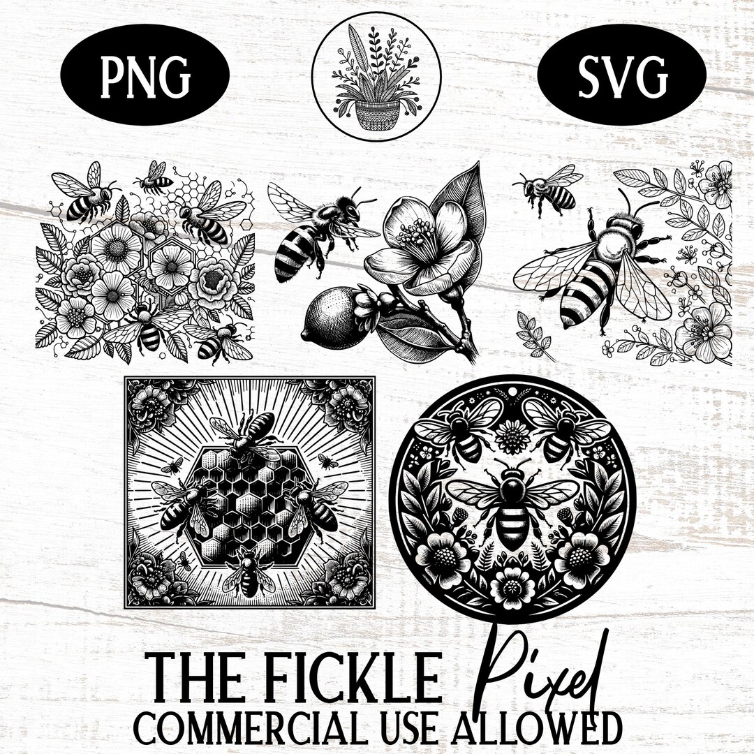 Bee Line Art SVG PNG Clipart Bundle, Black With Honeycomb, Hive ...