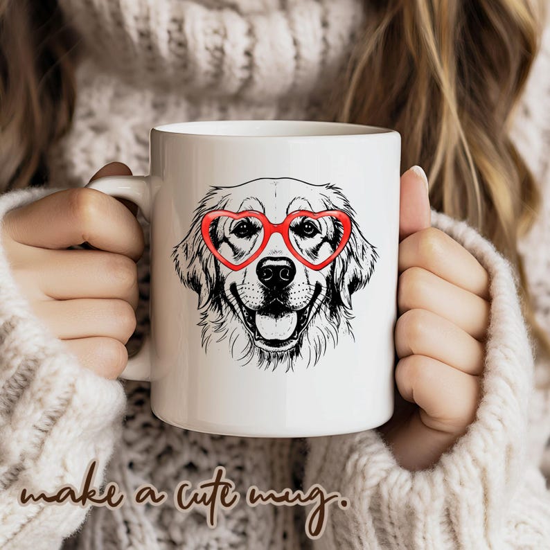 May include: White ceramic mug with a black and white illustration of a Golden Retriever wearing red heart-shaped glasses. The mug has the phrase "make a cute mug" in a brown script font.