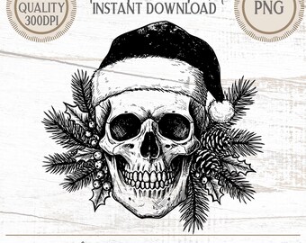 Skeleton Santa PNG, Spooky Christmas Clipart, Vintage Holiday Skull Graphics, Gothic Xmas Decor, Instant Download, 300 DPI, Commercieel gebruik