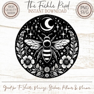 May include: Black and white circular design featuring a bee with a crescent moon, stars, and floral elements. The text "The Fickle Pixel" and "Instant Download" are at the top. The design is suitable for t-shirts, mugs, stickers, pillows, and more.