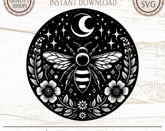 Celestial Bee Moon PNG SVG, Night Sky Honey Bee Graphic, Mystical Beekeeper Logo Design, Vintage Linocut Style Digital Download