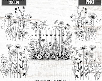 Wildflower Line Art Clip Art Bundle, Floral PNG (Digital Download)