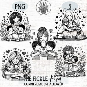 Mama umarmt Kind Line Art PNG Bundle, Mutter und Kind Clipart, minimalistisches Familiendesign, kommerzielle Nutzung