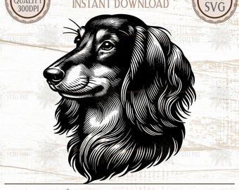 May include: Black and white illustration of a Dachshund dog in profile. The image is a high-quality digital download, suitable for various applications. Text includes "The Fickle Pixel" and "Great for T-Shirts, Mugs, Stickers, Pillows & More."