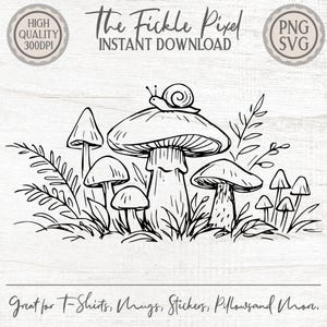 Op de afbeelding: Zwart-wit illustratie van paddenstoelen en bladeren, met een slak op een grote paddenstoel. Tekst bevat "The Fickle Pixel INSTANT DOWNLOAD" en "Great for T-Shirts, Mugs, Stickers, Pillows and More."