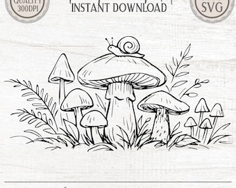 Mushroom Snail Line Art | Whimsical Nature Clipart (PNG SVG Digital Download)