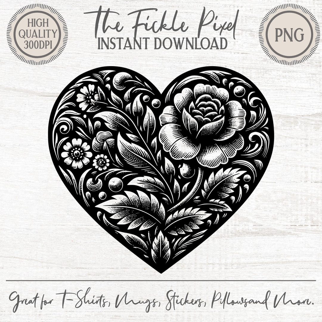 Floral Heart PNG | Black and White Rose Clipart (digital Download) - Etsy