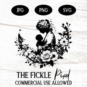 母の月と花 SVG、ママと赤ちゃん PNG、母と子のシルエット、ママ SVG、ママ PNG、母の日のアート、Cricut レーザー用カット ファイル