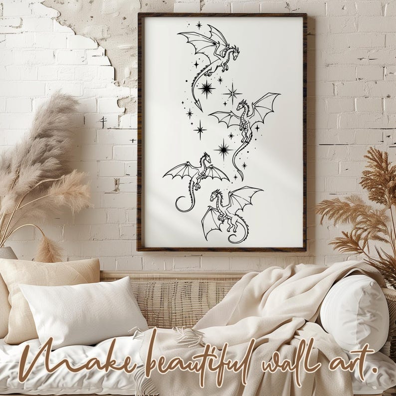 Magical Dragon Clipart PNG Stars Whimsical Fantasy Art Black White Coloring Page Tattoo Design image 8