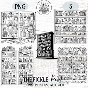 Bookshelf Clipart PNG Set, Cozy Reading Graphics, Bookish Book Lover Clipart, Bookcase Illustration, Reading Clipart