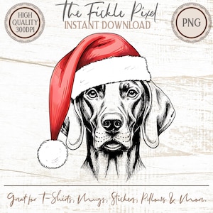 Puede incluir: Ilustración digital de un perro con un gorro de Papá Noel rojo y blanco. El perro está representado en blanco y negro. El texto incluye "The Fickle Pixel" y "Instant Download". La imagen está etiquetada como "High Quality 300DPI" y "PNG".