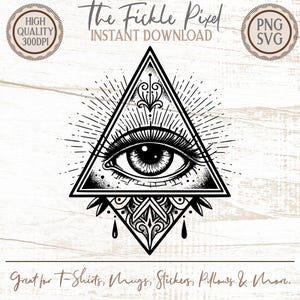 Könnte beinhalten: Schwarz-weiße digitale Illustration eines Auges in einem Dreieck, umgeben von Strahlenlinien und dekorativen Elementen. Der Text "The Fickle Pixel" und "Instant Download" befinden sich oben. Das Bild ist mit "High Quality 300DPI" und "PNG SVG" beschriftet.