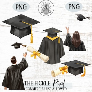 Graduación 2025 Clipart PNG SVG / Niños y niñas en acuarela lanzando birretes, togas y diplomas / Perfecto para invitaciones, camisetas / Uso comercial
