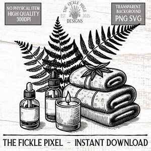 Spa Day PNG – vintage clipart met varens, kaarsen en handdoeken | 300 dpi digitale kunst voor logo's, wanddecoratie, tijdschriften en directe download