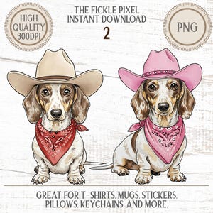 May include: Two dachshund illustrations wearing cowboy hats and bandanas. One dog wears a tan hat and red bandana, the other a pink hat and bandana. Text reads "The Fickle Pixel Instant Download 2 PNG" and "Great for T-shirts, Mugs, Stickers, Pillows, Keychains, and More."