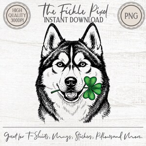 Peut inclure: Illustration en noir et blanc d'un chien husky tenant un trèfle vert dans sa gueule. Le texte "The Fickle Pixel INSTANT DOWNLOAD" et "Great for T-Shirts, Mugs, Stickers, Pillowsand More." est inclus.