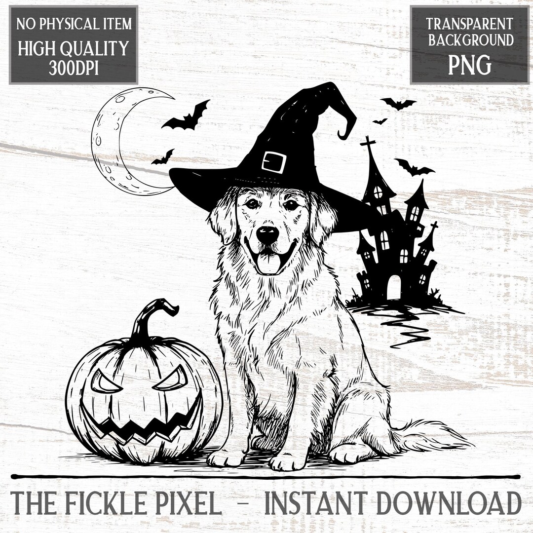 Golden Retriever Witch PNG – Vintage Halloween Dog With Moon, Bats ...