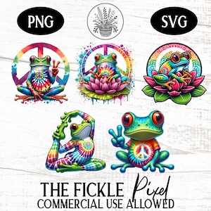 Tie-Dye Peace Frog PNG SVG Graphics Bundle, Psychedelic Frog Design for DIY Projects, Peace Sign Frog Art for T-Shirts and Crafts