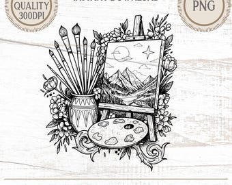 Vintage Artist Easel PNG, Floral Paint Brushes Clipart, Creative Studio Art Print, Craft T-Shirt Design, Instant Digital Download
