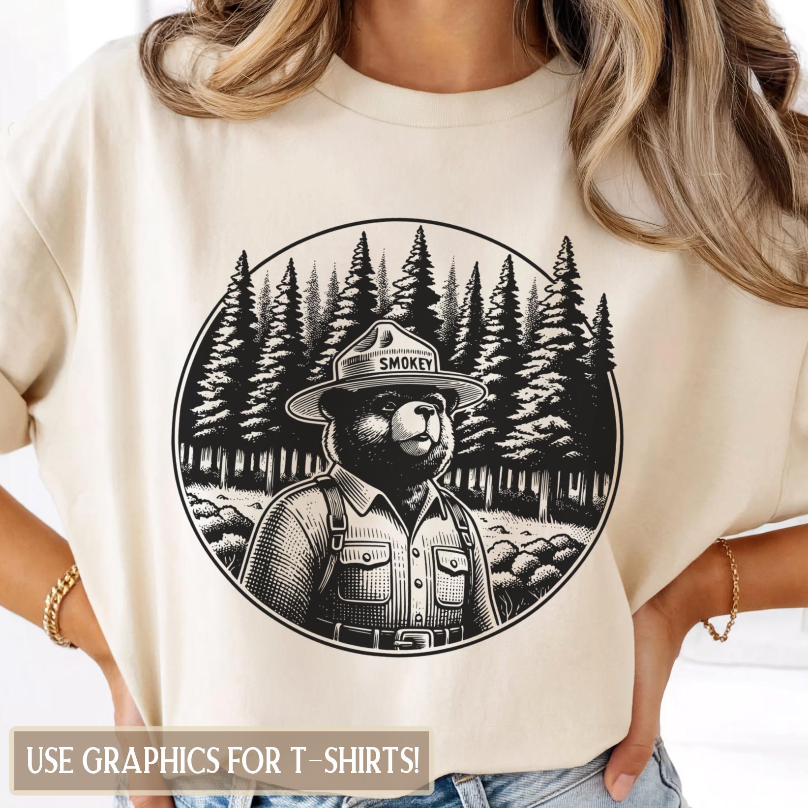 Vintage Forest Bear Emblem PNG | Smokey Style Line Art Clipart | 300 dpi Instant Download for Crafts, POD & Sublimation Projects